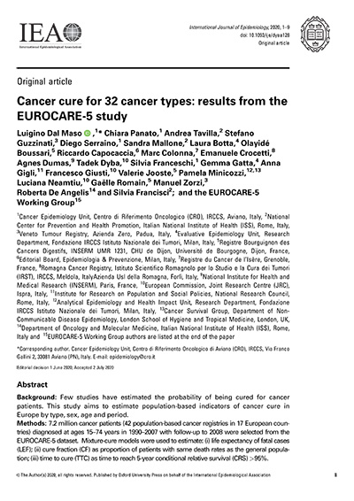 Cancer cure for 32 cancer types: results from the EUROCARE-5 study